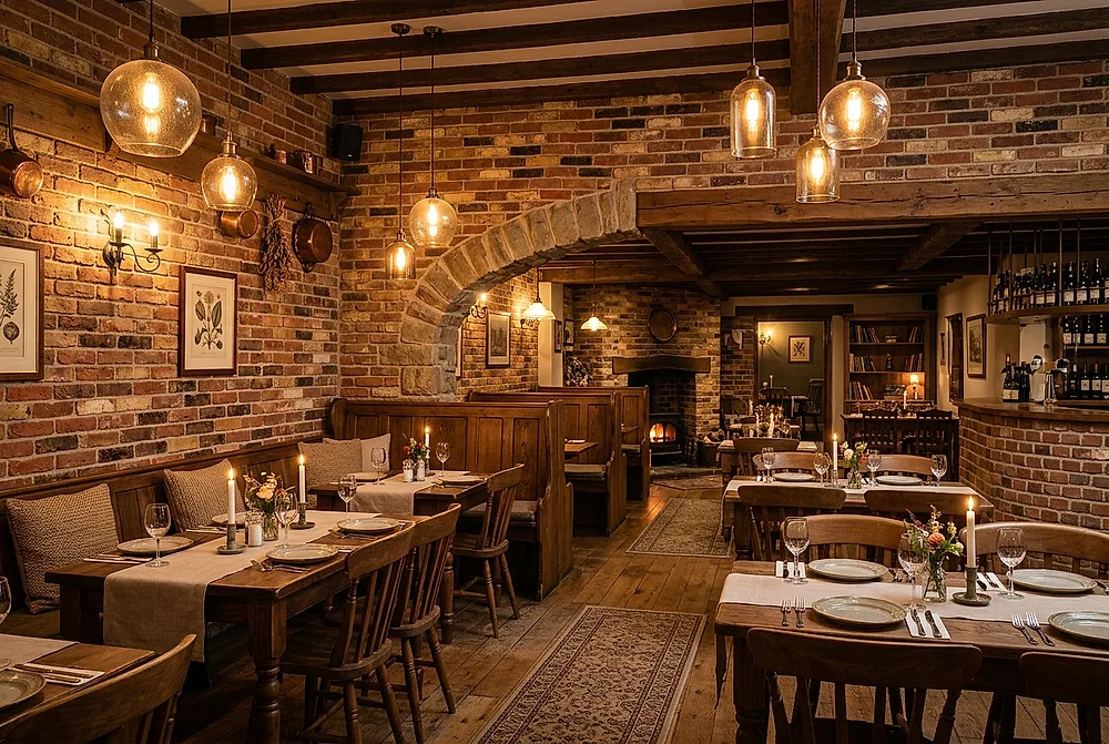 Restoran sa zidovima od crvene i medene cigle